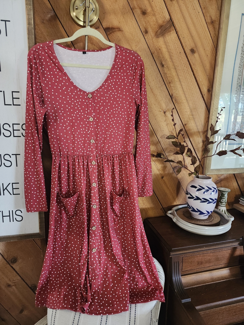 Rust Polka Dot Button Front Midi Dress Long Sleeve Pockets Size L Boho - Picture 2 of 5